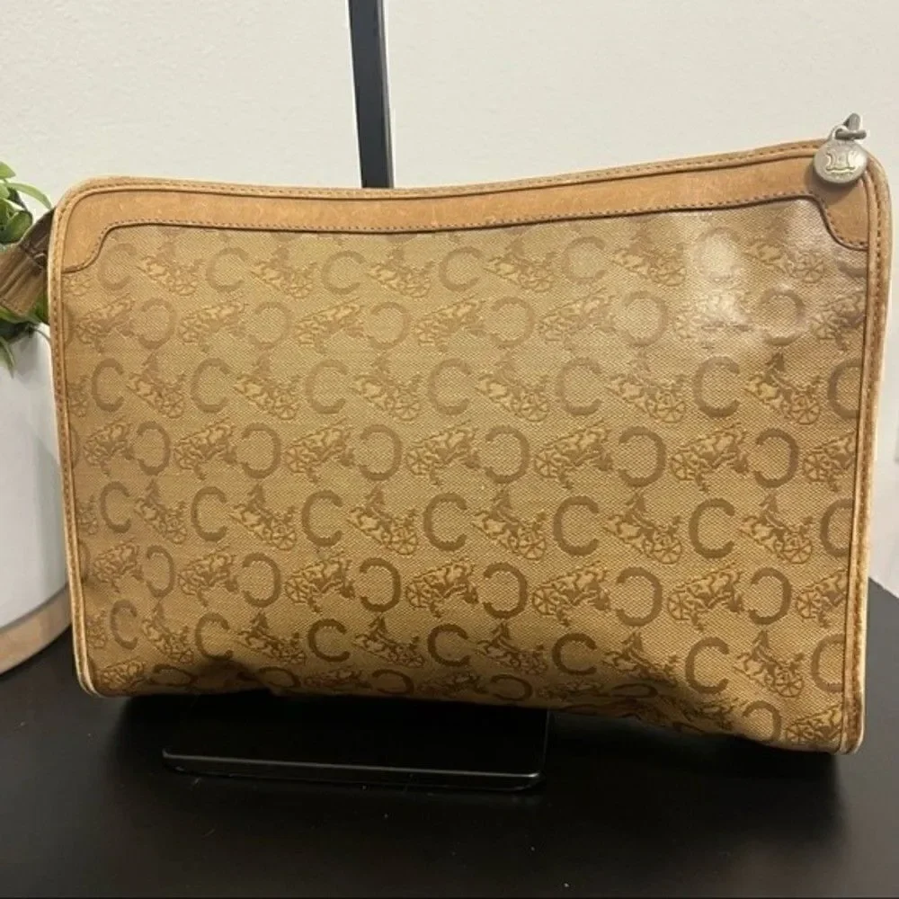 CELINE Vintage Macadam Brown Coated Canvas Clutch Pouch Cosmetic Bag